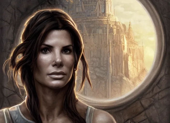 Image similar to face portrait of concentrated young Sandra Bullock as Lara Croft entering the large Minas Tirith gate, sun beams, intricate, elegant, highly detailed, centered, digital painting, artstation, concept art, smooth, sharp focus, illustration, Allan Lee, John Howe