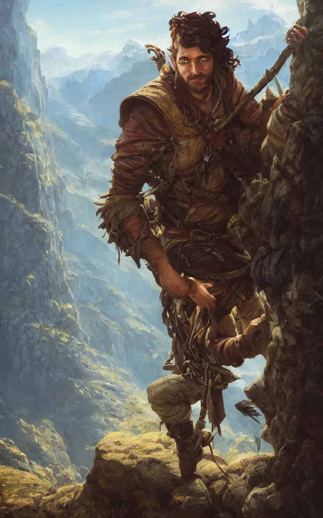 Prompt: an oil art close - up portrait painting of young handsome fool adventurer with adventurer hiking backpack, grim gwent card, gipsy mage adventurer character design from inquisition, climbing up a cliffside, 4 k, ultra detail, volumetric lighting, unreal engine, octane render, by tom bagshaw, andreas rocha, karol bak, artgerm