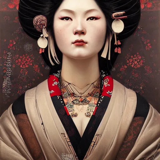 Prompt: highly detailed oil painting | very intricate | cinematic lighting | award - winning | the scandinavian viking geisha in an exquisite tribal kimono | by roberto ferri, by tom bagshaw, by j. c. leyendecker and klimt, beautiful cinematic light, american romanticism, by austin osman spare, artstation, cgsociety, official art, octane