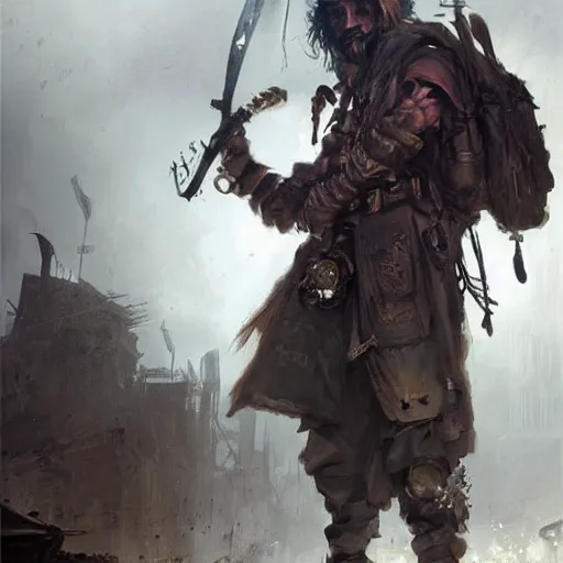 Image similar to steampunk homeless warrior with metal weapons in his body, greg rutkowski