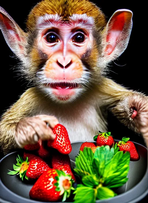 Image similar to Rabbit-capuchin hybrid eating strawberries from a tray. Bunny-monkey creature. Shot on iPhone. HD digital photography.