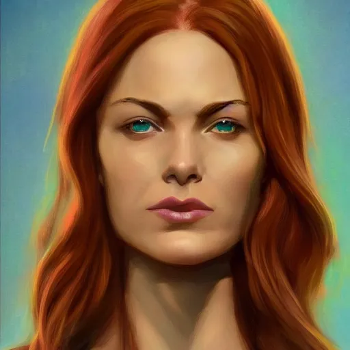 Image similar to jean grey, a half body portrait of jean grey, green eyes, comic, x - men, highly detailed, artstation, symetry, digital painting, vivid colors, realistic shaded perfect face, soft lighting, atmospheric, cinematic, moody, in the style of alex ross, oil on canvas, 8 k