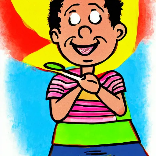 Image similar to happy boy holding a spoon on his nose, illustration,, high detail, cheerful colours