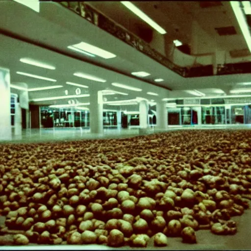 Prompt: Beautiful Liminal Grainy foggy disposable-camera Photograph of a infinite Mall with many potatoes potatoes potatoes potatoes on the floor