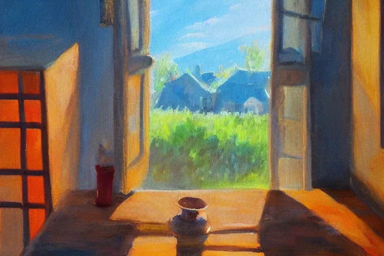 Image similar to rays of the morning sun shining through the window of the village house. very beautiful, clear sky, warm shiny colors, oil painting