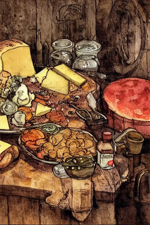 Prompt: pork, meat, schnapps, cheese, candle on a barrel in a cellar, watercolor painting by anderz zorn and carl larsson