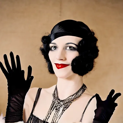 Image similar to a 1 9 2 0 s flapper woman extending her hand in black satin gloves toward the camera, looking at the camera with a smirk : : a jazz party with 1 9 2 0 s people dancing is happening in the background behind her in a dimly lit speakeasy, circa 1 9 2 4, depth of field, realistic oil painting