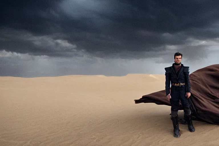 Image similar to a cinematic wide angle shot of a man in his early twenties, in the 2 0 2 1 movie dune, stormy weather, dry, film still, cinematic, dramatic lighting, by zack snyder