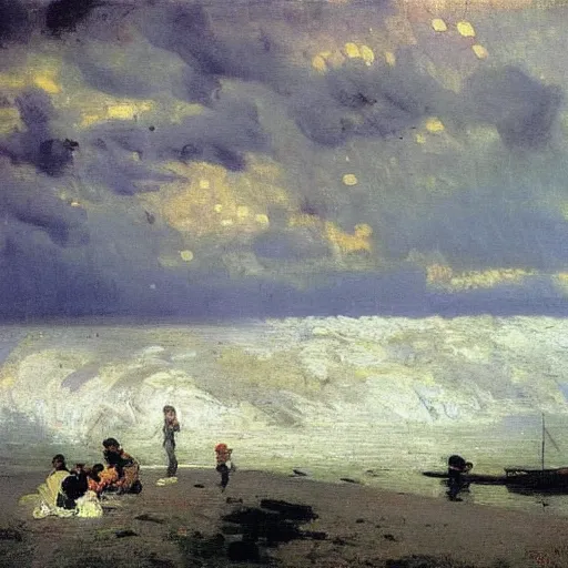 Image similar to storm on the volga, oil on canvas, ilya repin, 1 8 7 3