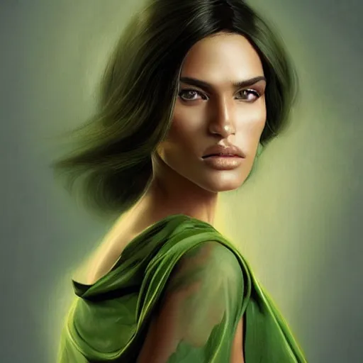 Prompt: Portrait of a Brazilan Supermodel, olive skin, versace ad, editorial fashion, volumetric lighting, long dark hair, beautiful bone structure, green eyes, intricate, elegant, highly detailed, digital painting, artstation, concept art, smooth, sharp focus, illustration, art by artgerm and greg rutkowski and alphonse mucha