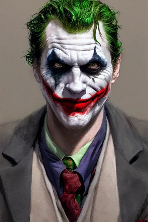 Image similar to The Joker, closeup character portrait art by Donato Giancola, Craig Mullins, digital art, trending on artstation