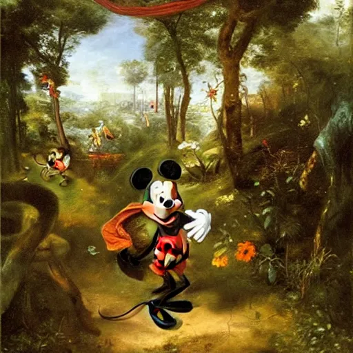 Prompt: mickey mouse entering the garden of eden, oil painting by jan matejko, masterpiece