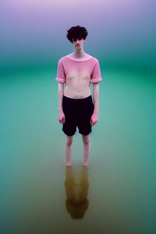 Image similar to high quality pastel coloured film mid angle docu photograph of a beautiful young 2 0 year old male, soft features, short black hair, extremely oversized!!! clothing!! next to icelandic black rock pool environment. atmospheric. three point light. photographic. art directed. ( pastel colours ). volumetric light. clearcoat. waves glitch. 8 k. filmic.