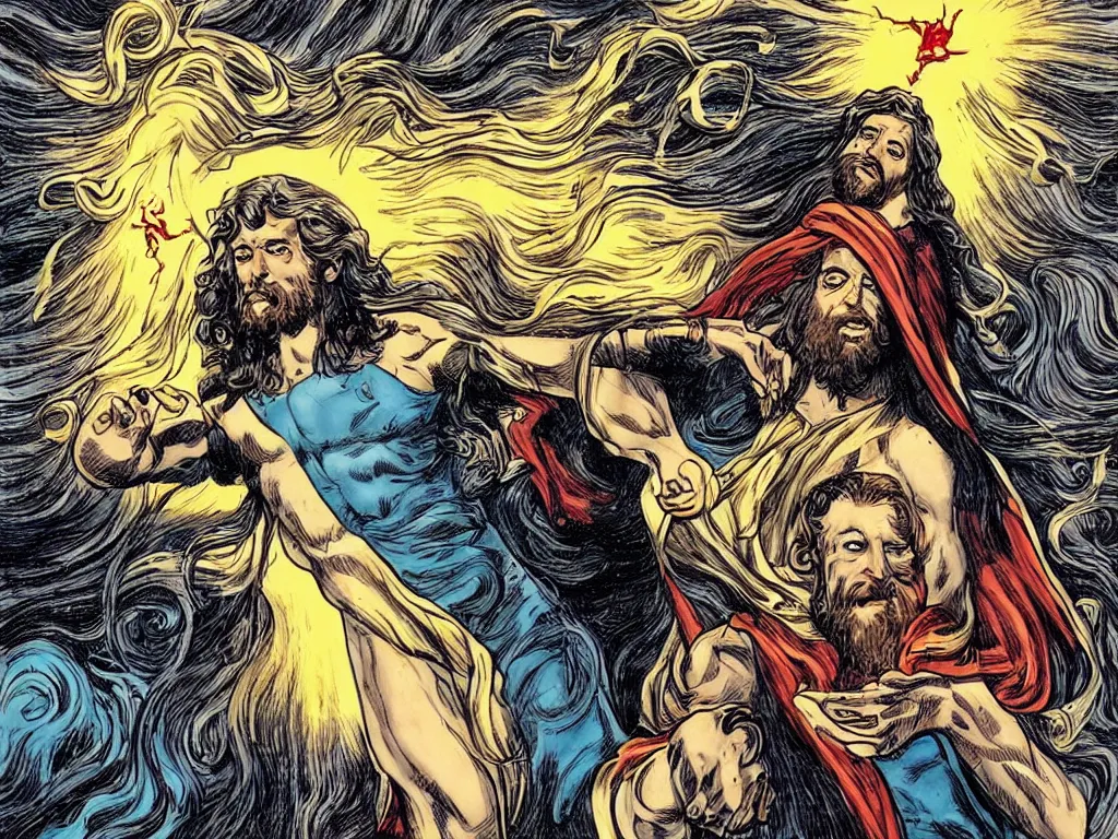 Prompt: jesus christ as a superhero with wavey hair and white eyes floating above the water shooting lightning out of his hands, drawn by alan moore, graphic novel,