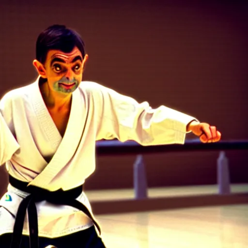 Image similar to mr. bean as the karate kid. movie still. cinematic lighting.