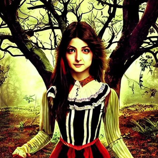 Prompt: anushka sharma as alice in wonderland. comic book style. gothic. forest background. hyperrealistic. artist android jones.