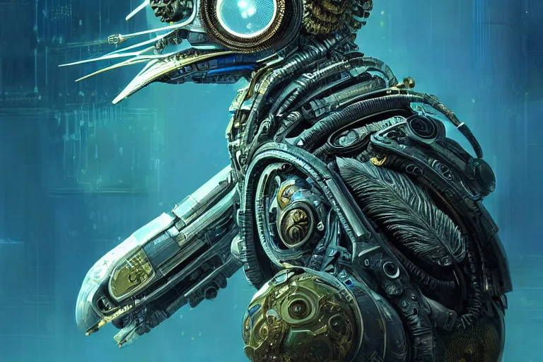 Prompt: a study of cell shaded of a neofuturistic very highly detailed ornate cyborg owl with very highly detailed feathers by Greg Rutkowski, sci-fi highly detailed, digital concept art, Dimensional cyan gold natural light, sharp focus, Golden Ratio illustration, realistic concept art by Stephen Hickman and James Gurney and Hiromasa Ogura Ghost in the Shell, golden ratio, post grunge portrait, character concept art by josan gonzalez, james jean, Mike Mignola, Laurie Greasley, highly detailed, sharp focus, alien, Artstation, deviantart, artgem