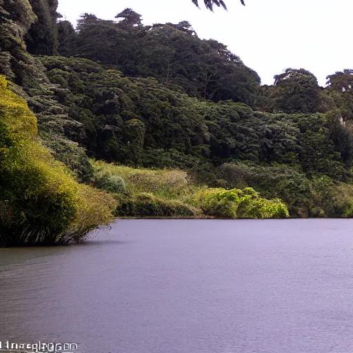 Prompt: From the pa we pulled up the Waiwhetu River, which there had lofty Rimu trees on its banks. The various bends were very beautiful and secluded, and seemed to be the home of the grey duck and teal, and numerous other wild fowl. Here and there, on the bank, was a patch of cultivation, and the luxuriant growth of potatoes, taros, and. Kumara, indicated the richness of the soil. As seen from the ship, or the hills, a lofty pine wood appeared to occupy the whole breadth and length of the Hutt Valley, broken only by the stream and its stony margin. This wood commenced about a mile from the sea, the intervening space being a sandy flat and a flax marsh. About the Lower Hutt and the Taita, it required a good axe-man to clear in a day a space large enough to pitch a tent upon. New Zealand. Drone photo. Sunset, misty, wilderness.