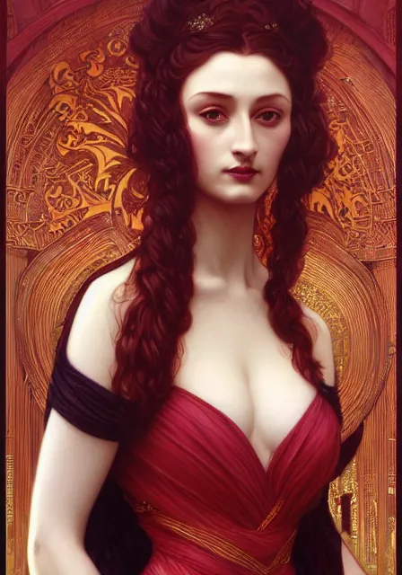 Image similar to portrait of sansa dark crimson, intricate, elegant, highly detailed, digital painting, artstation, concept art, smooth, sharp focus, illustration, art by artgerm and greg rutkowski and alphonse mucha and william - adolphe bouguereau