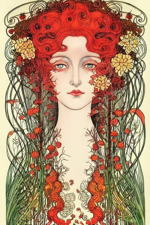 Prompt: realistic face of nature goddess with red hair with flowers and flames growing around, flower frame, detailed art by kay nielsen and walter crane, illustration style, watercolor