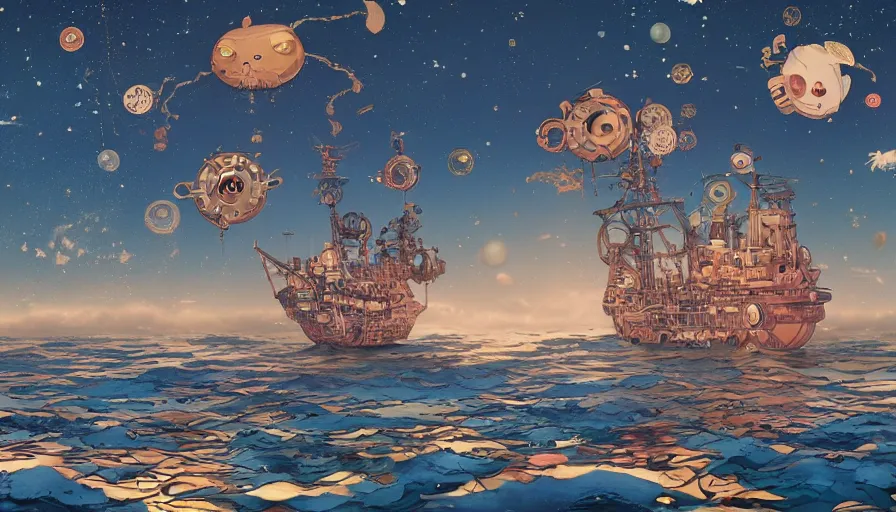 Prompt: a steampunk ship in the sky above the sea y by takashi murakami,, beeple and james jean, aya takano color style, 4 k, super detailed, night sky, digital art, digital painting, celestial, majestic, colorful
