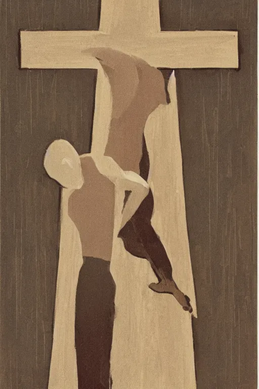 Image similar to man kneeling on the ground in front of a wooden cross, 1960’s minimalist advertising illustration, painterly, expressive brush strokes