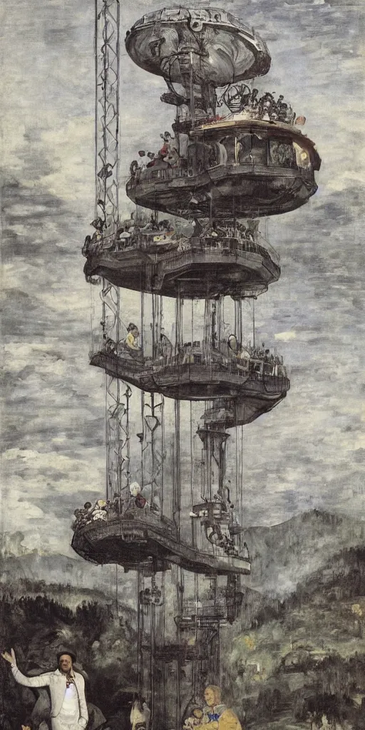 Prompt: dr dre the chronic tending to jack and the beanstalk lifesize space elevator with cheech & chong in tow on gondola suspended below in the style of manet