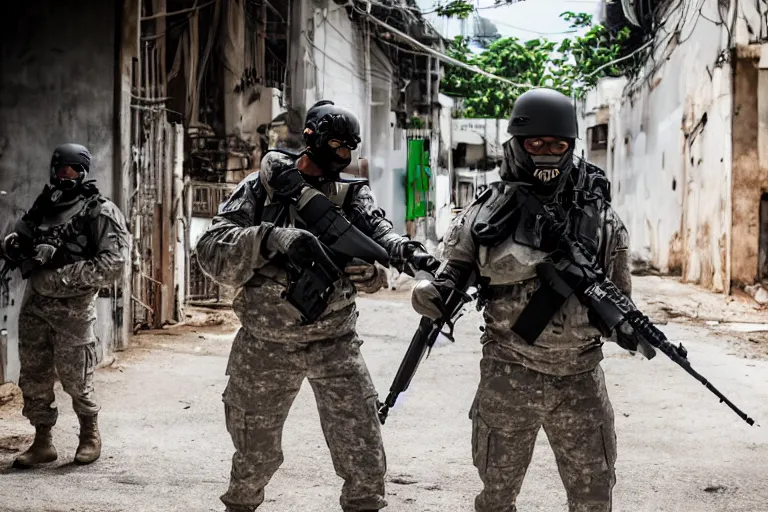 Image similar to Mercenary Special Forces soldiers in grey uniforms with black armored vest and black helmets in urban warfare in Thailand 2022, Canon EOS R3, f/1.4, ISO 200, 1/160s, 8K, RAW, unedited, symmetrical balance, in-frame, combat photography