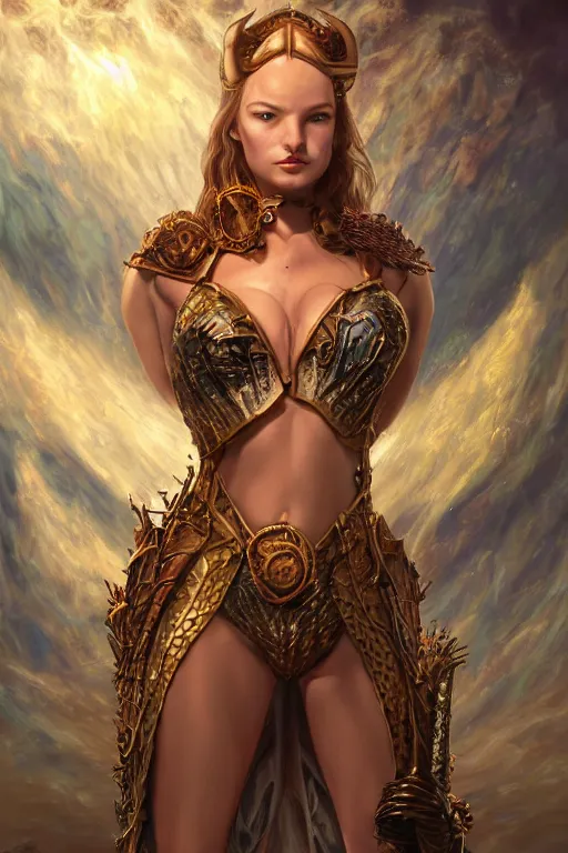 Image similar to A fantasy comic book style portrait painting of Ella Fanning as an Atlantean Reptilian Warrior, Mystical Valkyrie, unreal 5, DAZ, hyperrealistic, octane render, Regal, Refined, Detailed Digital Art, RPG portrait, Michael Cheval, Walt Disney (1937), François Boucher, Oil Painting, Steampunk, Josephine wall, dynamic lighting, Highly Detailed, Cinematic Lighting, Unreal Engine, 8k, HD