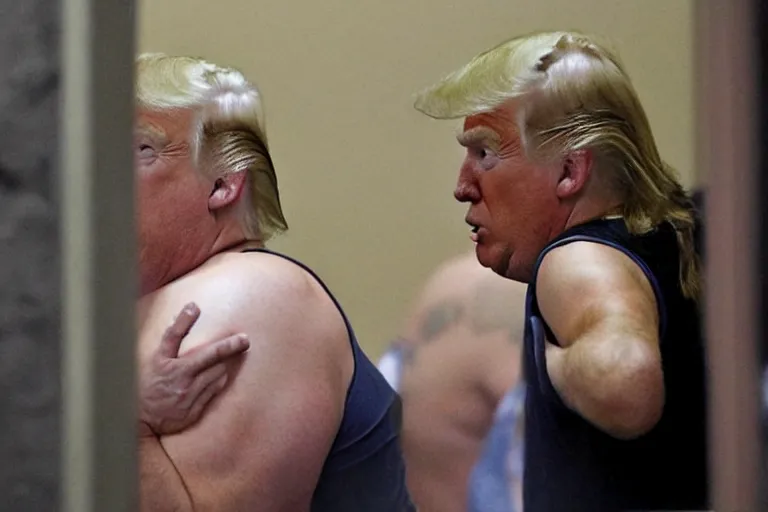 Image similar to Donald Trump in tanktop and sweat pants crying in jail cell, a reuters photo