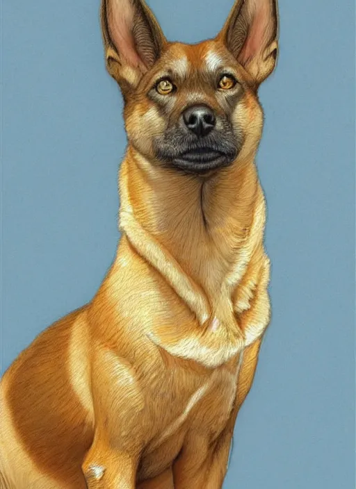 Image similar to portrait of a Carolina dog, highly detailed, centered, solid color background, digital painting, artstation, concept art, smooth, sharp focus, illustration, artgerm, donato giancola, Basil Gogos, Joseph Christian Leyendecker, Les Edwards, Ed Repka, WLOP