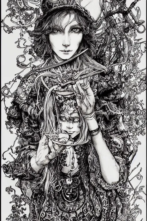 Image similar to Hippy Alice in wonderland tarot card , pen and ink, intricate line drawings, by Yoshitaka Amano, Ruan Jia, Kentaro Miura, Artgerm, watercolor