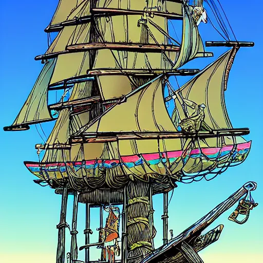 Prompt: brigantine pirate ship with an observation tower, and a large fruit tree on its deck smooth, sharp focus, high contrast, colourful, graphic novel, art by ralph bakshi and dave sim and frank quitely and moebius and jeff smith,