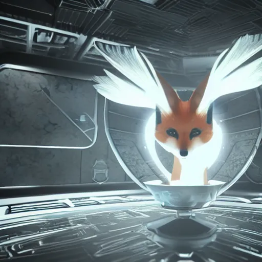 Image similar to a photography of a kitsune fox inside a spaceship, realistic unreal engine 5