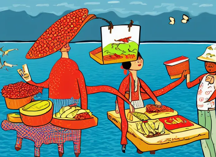 Prompt: a whimsical storybook illustration of crab sellers, tourism, lowbrow pop art style