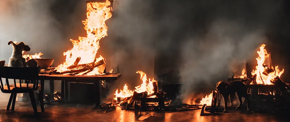 Image similar to a studio photograph (flash on) of a big fire on a dining room on fire, an human-like relaxed dog sitting on a wooden chair at a table (no fire at all there), lights on, ☕ on the table, surrounded by flames, a lot of flames behind the dog, black smoke instead of the ceiling, no watermark