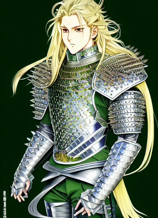 Image similar to a detailed manga full body portrait illustration of a man with long blonde hair and blue eyes wearing evil green spiked armour by hirohiko araki and alphonse mucha, detailed artwork, realism, 4 k resolution, detailed, high quality, sharp focus, hq artwork, insane detail, volumetric lighting, character concept art, fine details, clear subject, central subject