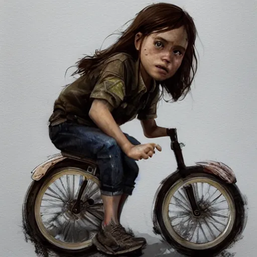 Image similar to portrait of elle from the last of us, riding a tricycle, painted by greg rutkowski, wlop