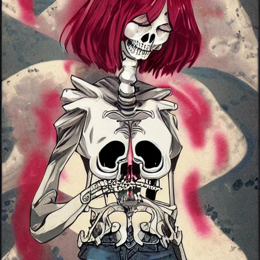 Image similar to anime manga skull portrait young woman skeleton, cuphead, painterly, logo, graffiti, elegant, highly detailed, digital art, art by jc leyendecker and sachin teng