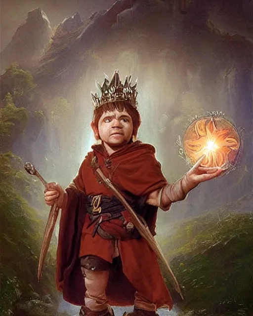 Image similar to A halfling wild magic sorcerer. He is wearing a cloak with glowing runes on it and a crown. He is frowning seriously. He is preparing to cast a spell to banish the old gods. He is standing in spell circle. Award winning realistic oil painting by Thomas Cole and Wayne Barlowe