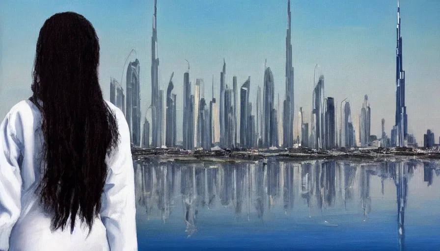 Prompt: one black woman with long hair in a white lab coat gazing at the dubai skyline, realist painting