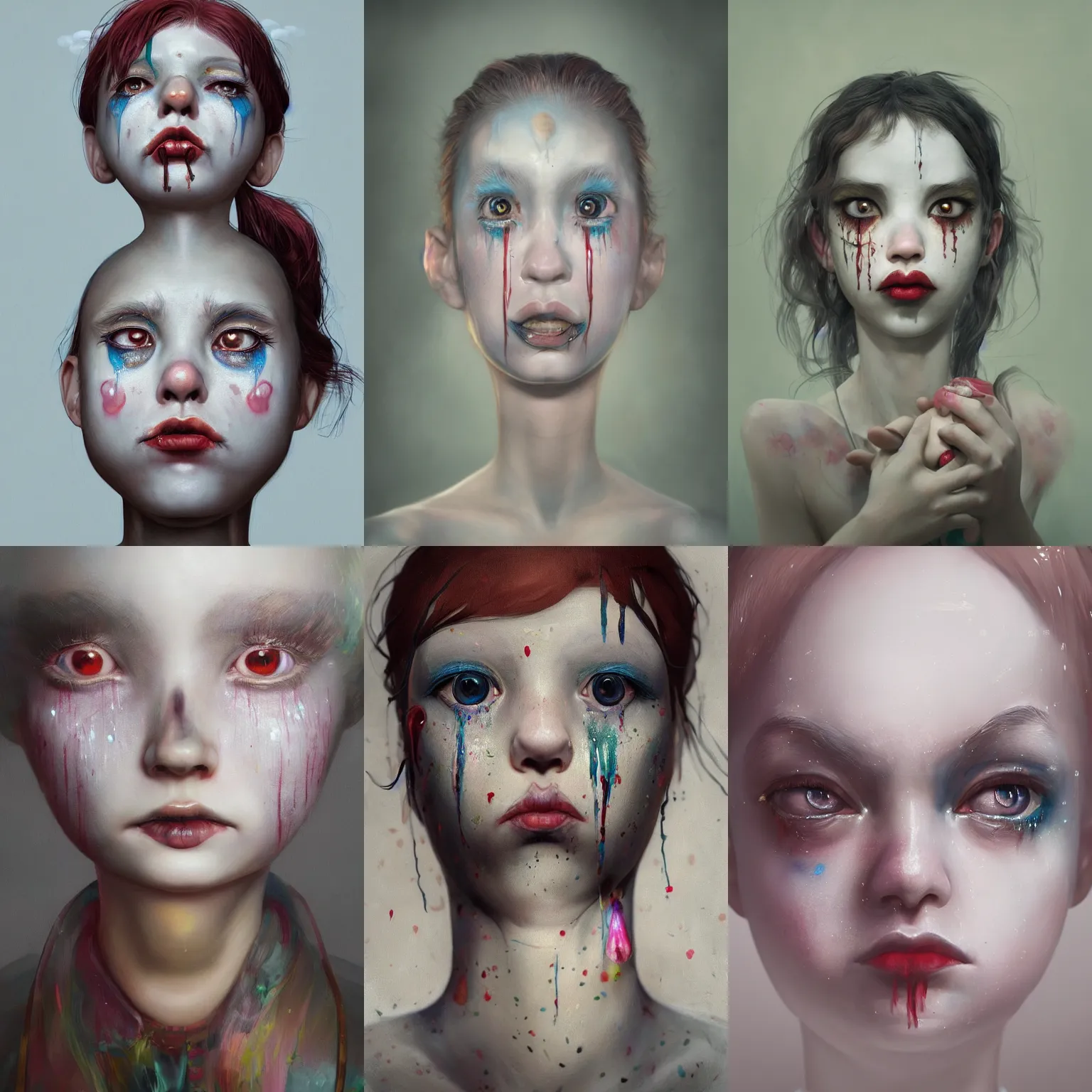 Image similar to breathtaking detailed painting of clown girl tears eyes , with anxious, piercing eyes, art by Hsiao-Ron Cheng, Ja Miyazaki, extremely moody lighting, hyperrealistic, octane render, ambient light, dynamic lighting