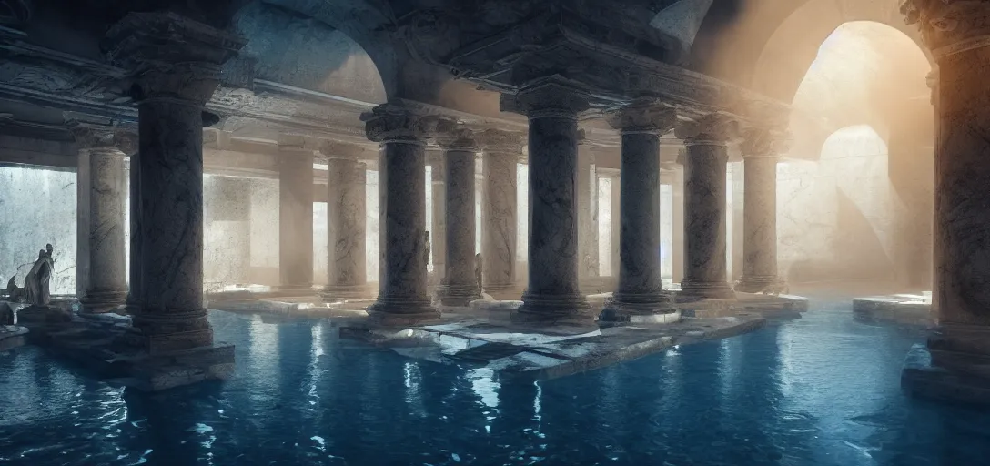 Image similar to dramatic photo of underground roman interior, ambient occlusion, glowing pool of water, ancient marble statues, raytracing, unreal engine, dramatic lighting, detailed,, global illumination, god rays, 3 d artstation by greg rutowski and jessica rossier
