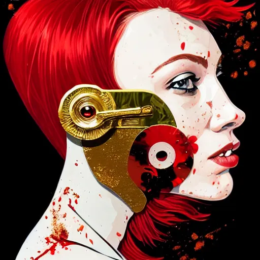 Prompt: portrait of red head woman :: side profile :: in ocean :: guns and bullets :: metallic details :: gold and petals pattern :: blood and horror :: by marvel and Sandra Chevrier