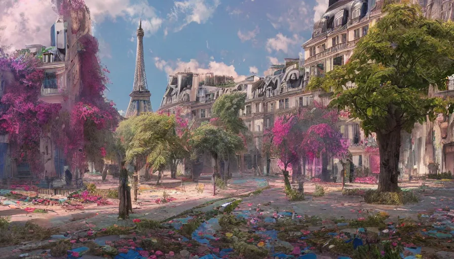 Image similar to Paris abandoned for several centuries and covered by colorful plants, hyperdetailed, artstation, cgsociety, 8k