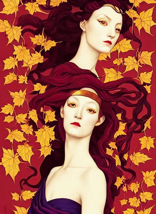 Image similar to 3 Autumn Muses symbolically representing September, October, and November, in a style blending Æon Flux, Peter Chung, Shepard Fairey, Botticelli, Ivan Bolivian, and John Singer Sargent, inspired by pre-raphaelite paintings, shoujo manga, and cool Japanese street fashion, dramatic autumn landscape, leaves falling, deep red gold and royal purple high contrast tones, hyper detailed, super fine inking lines, ethereal and otherworldly, 4K extremely photorealistic, Arnold render