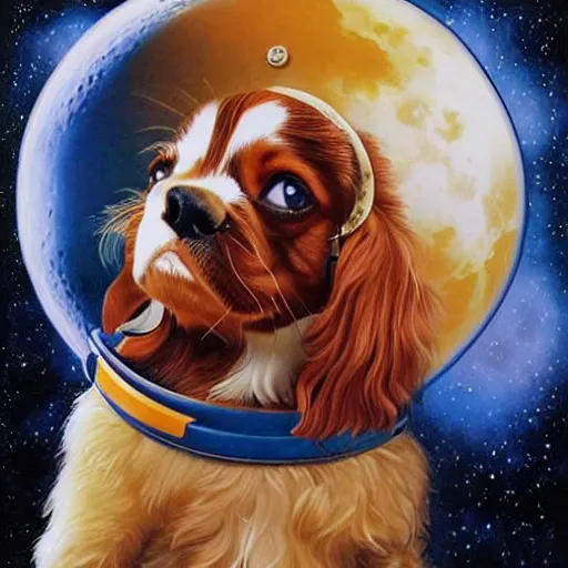 Image similar to cavalier king charles spaniel, wearing an cosmonaut helmet, russian cosmonaut, on the moon, art by artgerm and david a hardy