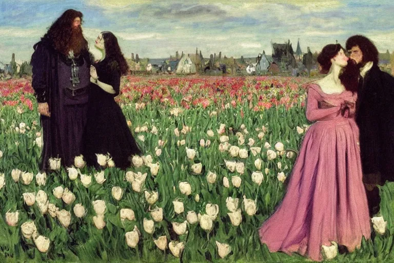 Image similar to hagrid the viking and morticia addams kiss in a field of tulips, masterpiece, highly detailed, oil on canvas, art by walter sickert, john singer sargent, and william open