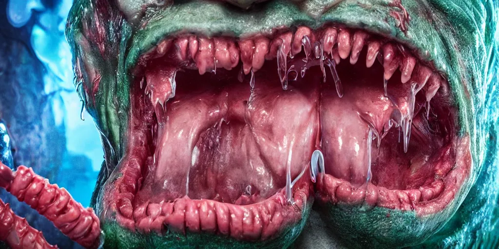 Prompt: a muscular slimy creepy monster, open mouth, with very long slimy tongue, dripping saliva, mouths inside mouths, macro photo, fangs, red glowing veins, thin blue arteries, green skin with scales, cinematic colors, standing in shallow water, insanely detailed 8 k artistic photography, dramatic lighting
