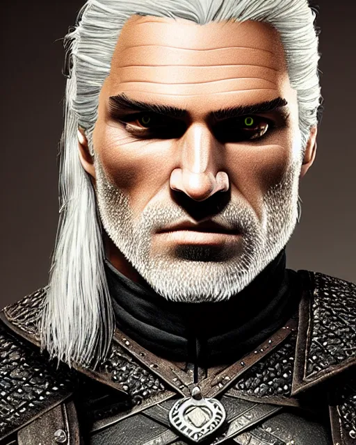 Image similar to portrait of geralt of rivia, 5 5 mm lens, professional photograph, times magazine, serious, stern look, zoomed out